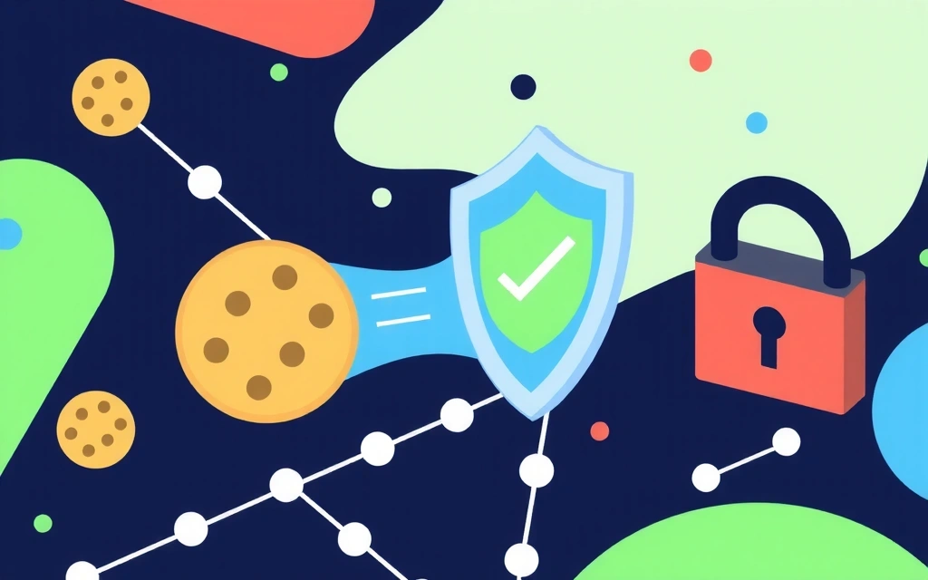 Digital security illustration with cookies and shield icon