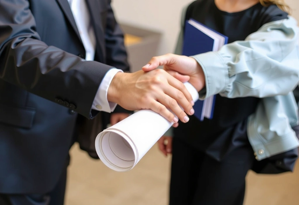 A certificate or diploma being handed over, symbolizing achievement and recognition.