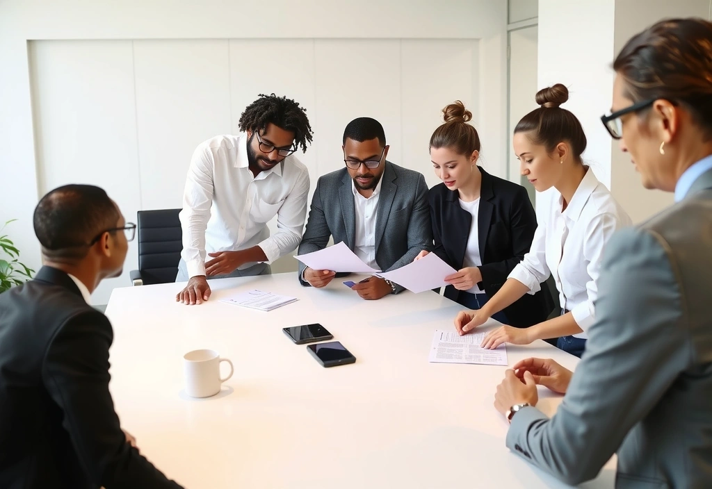 A group of diverse professionals collaborating around a table, discussing a project with documents and a tablet.