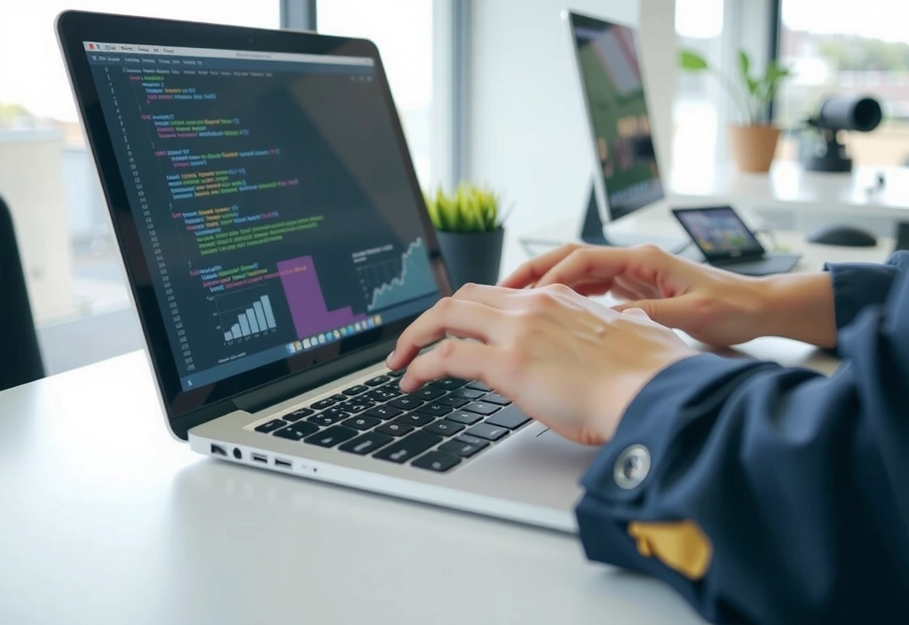 A person typing on a laptop, showing a screen with code or data analysis, symbolizing skill development.