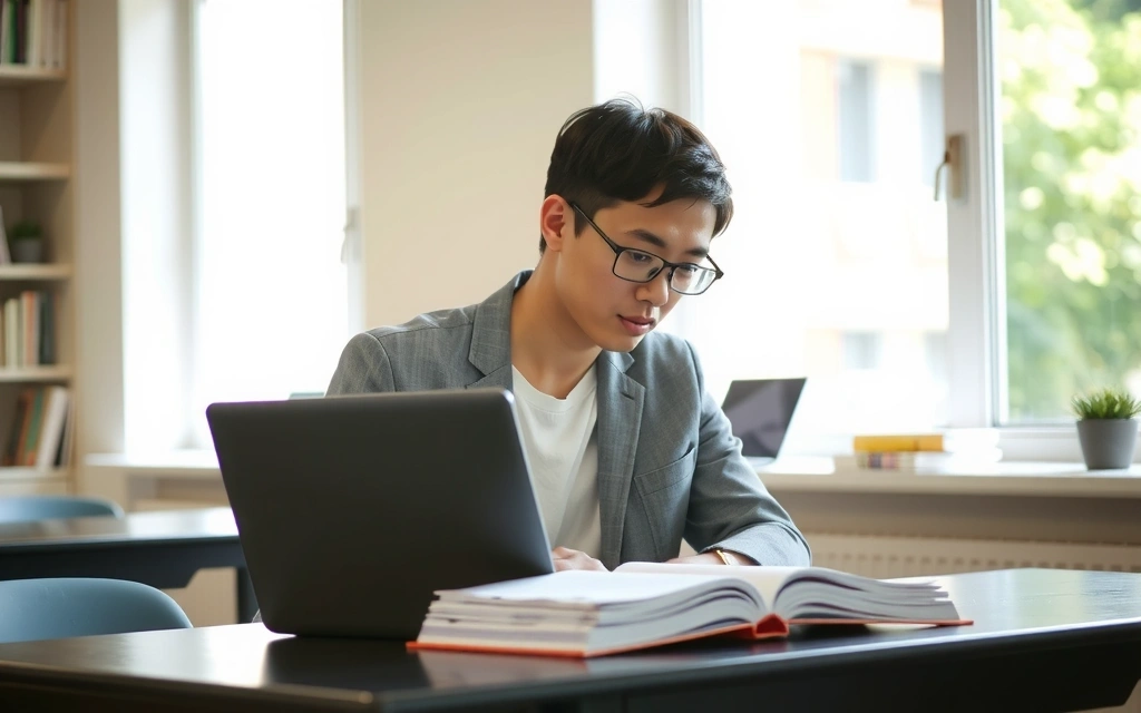 Student studying with a laptop and books, surrounded by a modern, bright learning environment.