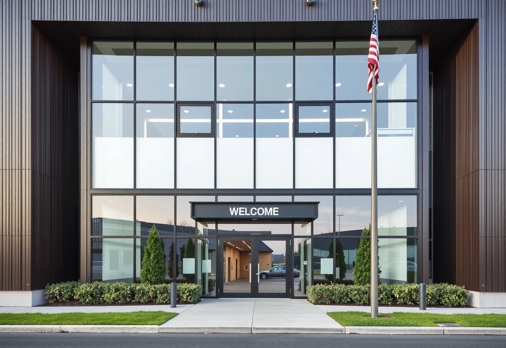 Et bilde av KvalifiseringsSenterets kontorbygning i Oslo, et moderne bygg med store vinduer og en velstelt inngang, som reflekterer et profesjonelt og innbydende miljø.