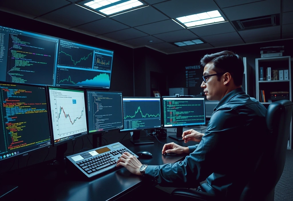 Profesjonell som analyserer cybersikkerhetsdata på flere skjermer