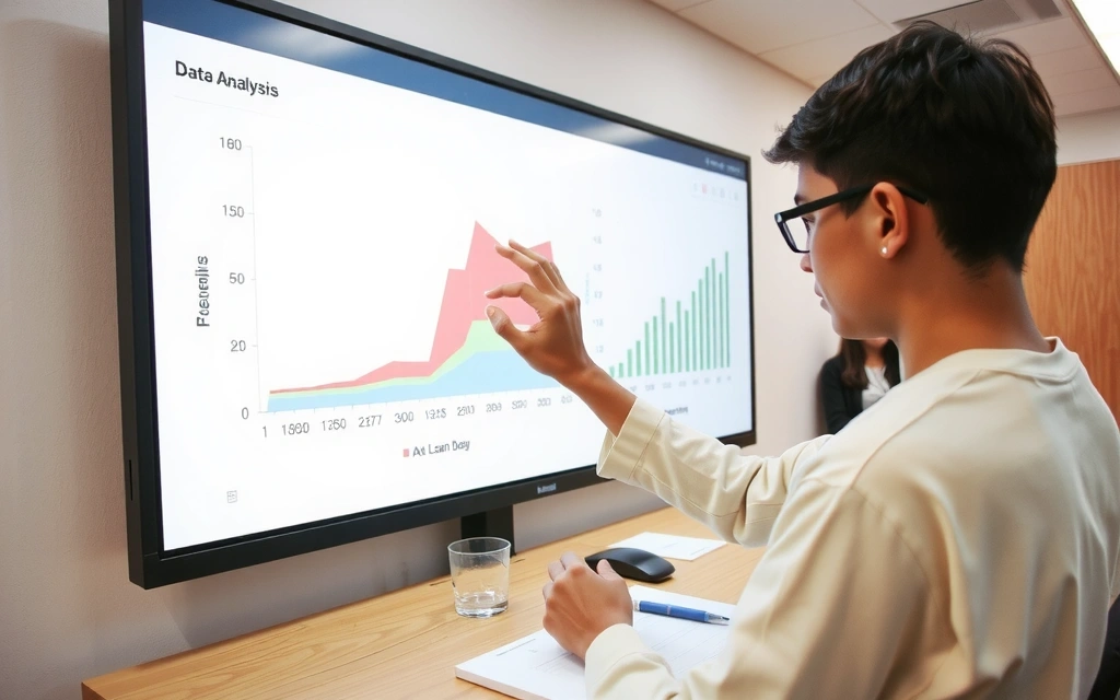 En student som interagerer med en interaktiv tavle i et moderne klasserom, som viser dataanalyse.