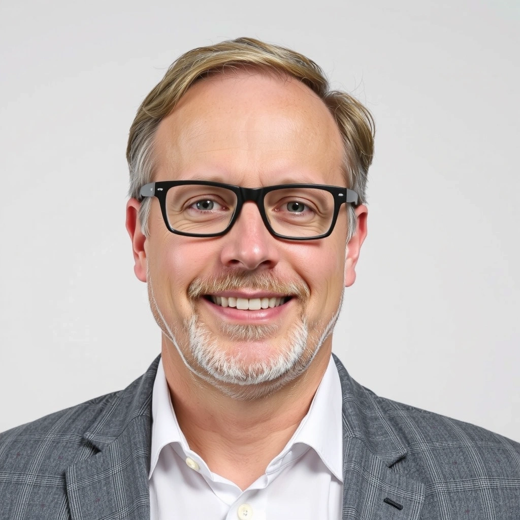 Portrett av Professor Lars Erikson, en karismatisk mann med briller og en vennlig utstråling.