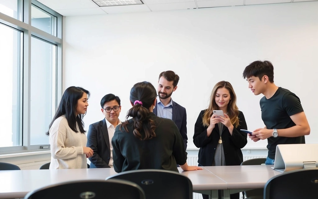 Studenter i et moderne klasserom samarbeider om et prosjekt, med en instruktør som veileder dem.