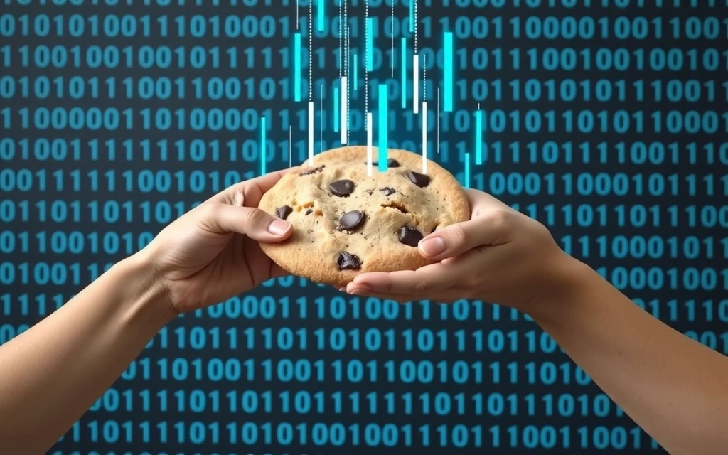 Hands holding a large cookie with digital data flowing, symbolizing cookie policy