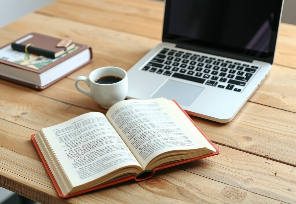 Åpen bok og en laptop på et skrivebord, symboliserer læring og ressurser